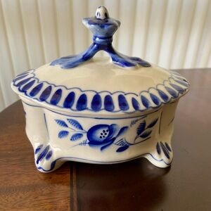 Russian Gzhel Blue and White Porcelain Lidded Trinket Box Handmade in USSR